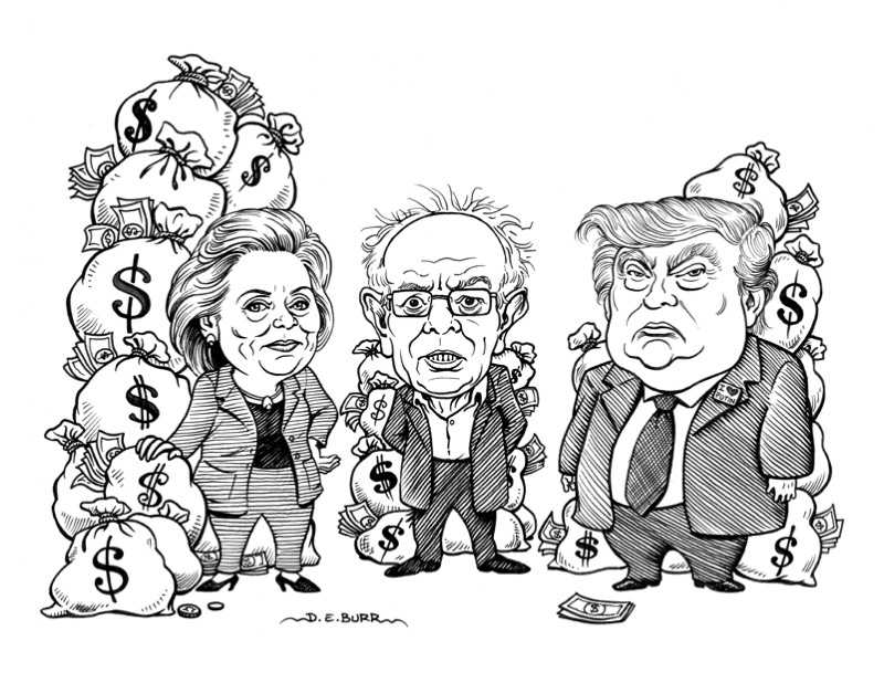 Hillary Clinton caricature, Bernie Sanders caricature and Donald Trump caricature